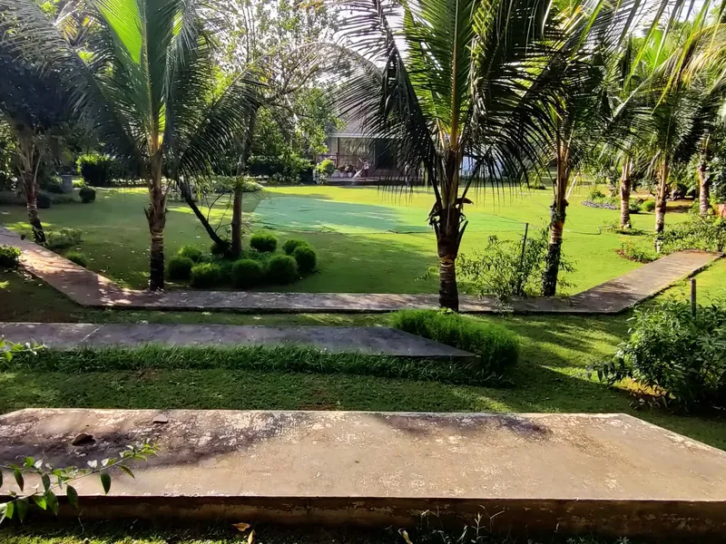 Paths and steps through the landscaped grounds.
